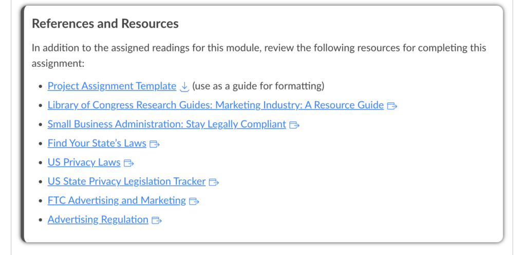 Card listing reference links and resources to support a digital marketing compliance assignment.